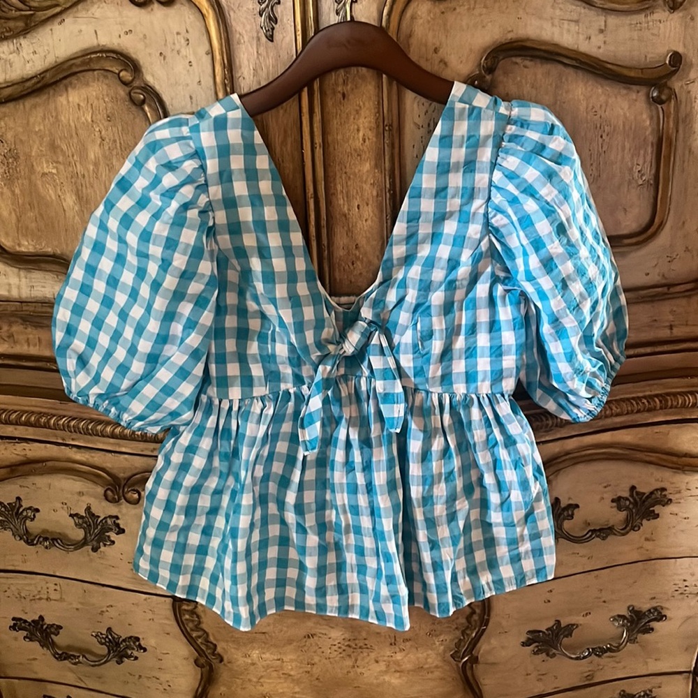 Lilly Pulitzer Sarafina Short Sleeve Top Turquoise Oasis Crinkle Gingham